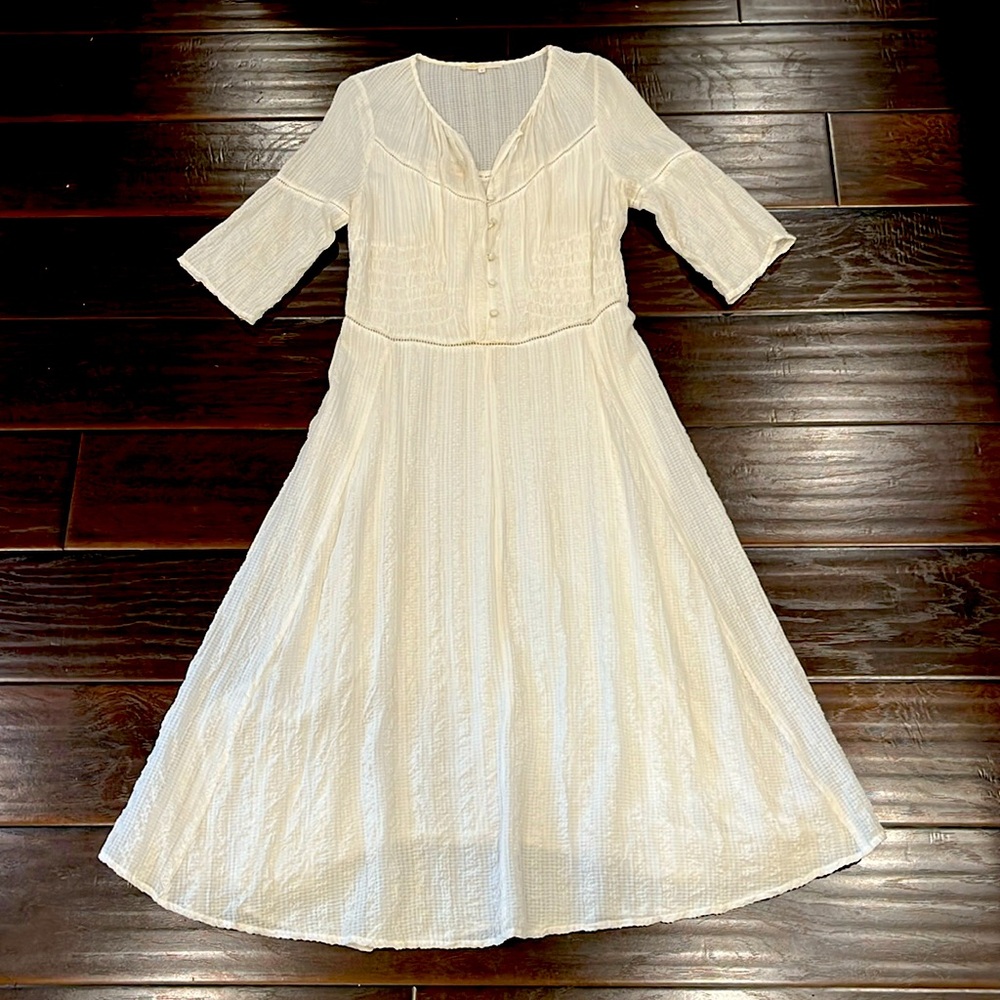 Smocked 3/4 Sleeve Ivory Midi Dress